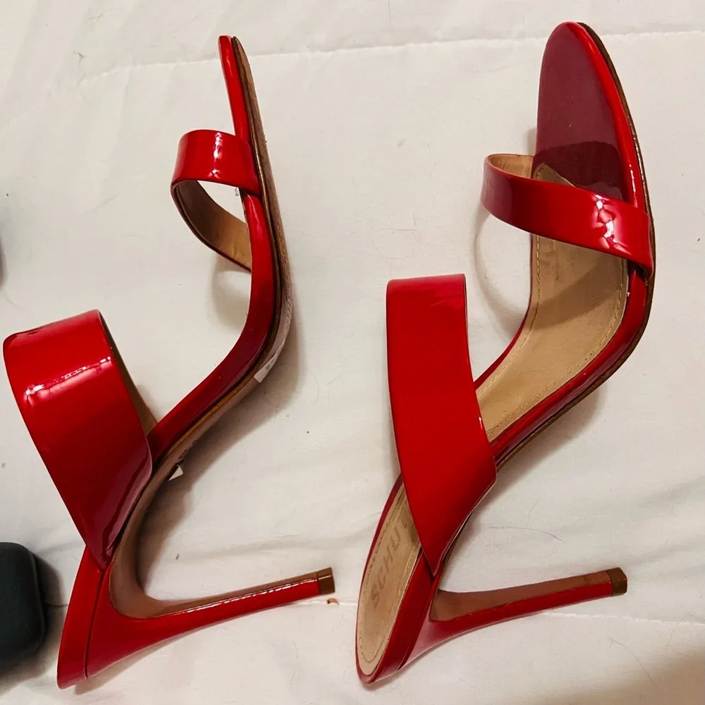 SCHUTZ Red Patent Leather Double Strap Stiletto Sandals